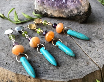 Blue Stone spike and orange chalcedony dangle earrings, rainbow gemstone spike earrings