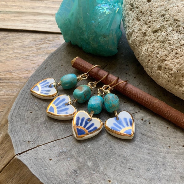 Ceramic floral corazon and turquoise mini hoop earrings, folk heart earrings