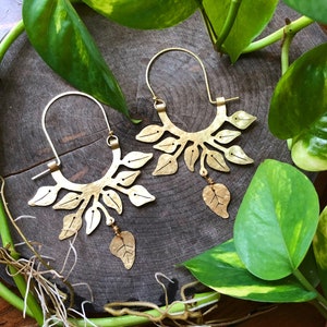 May include: A pair of gold-toned brass earrings with a leaf design. The earrings are made of thin metal and have a delicate, feminine look.