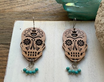 Sugar skull earrings, Mexican Folk art wood earrings