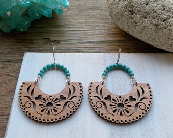 Papel picado earrings, Mexican Folk art wood earrings