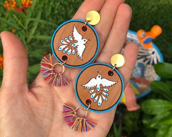 Mexican bird wood circle and tassel earrings, Mexican folk art tassel earrings