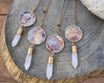 Crystal point and Crazy Lace Agate disk necklace