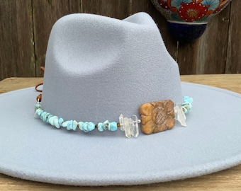 Carved Jade flower and larimar Hatband, Larimar and crystal Hat Band