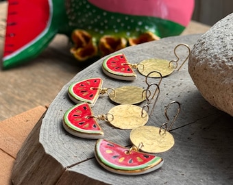 Ceramic Watermelon slice and brass coin earrings, Sandia slice earrings, Mexican folk art ceramic fruit jewelry
