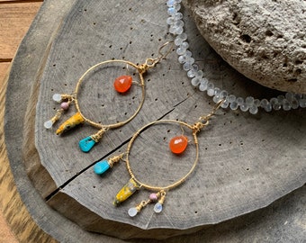 Gemstone chandelier earrings, multi stone hoop earrings