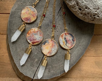 Crystal point and Crazy Lace Agate disk necklace