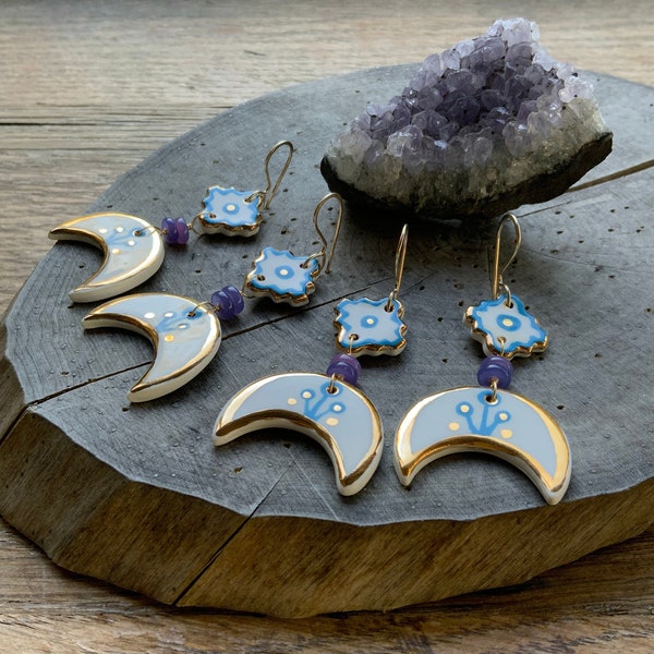 Ceramic Southwestern moon earrings, Celestial Southwest ceramic earrings