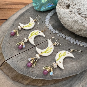 Ceramic Saguaro crescent moon and Ruby cluster earrings,  southwestern saguaro cactus ceramic crescent moon earrings, crescent moon earrings