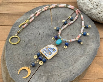 Spiral ceramic snake Milagro necklace, Golden snake and gemstone necklace