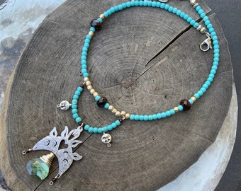 Celestial Corazon Milagros necklace, celestial labradorite beaded necklace