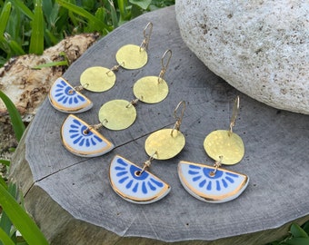 Mexican pottery earrings, ceramic indigo flower and brass earrings, Mexican folk art jewelry