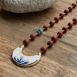Ceramic crescent moon and matte red jasper necklace, beaded celestial southwestern necklace
