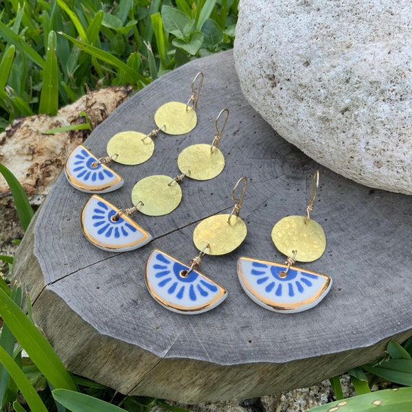 Mexican pottery earrings, ceramic indigo flower and brass earrings, Mexican folk art jewelry