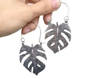 Monstera Leaf earrings, Monstera hoop earrings, tropical leaf earrings