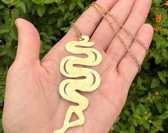 Snake pendant necklace, brass Snake on long chain