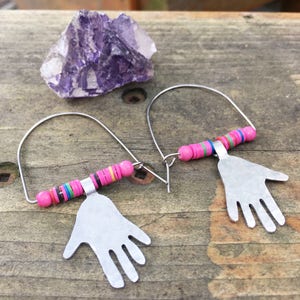 Modern hoop earrings with little hands, modern hoop earrings with pink vinyl beads image 3