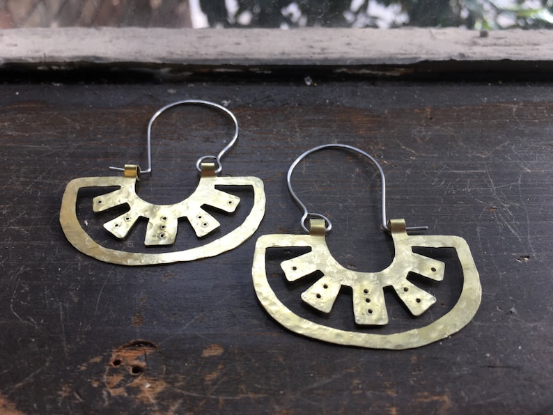 Oaxacan metal slice hoop earrings, tribal metal hoop earrings image 3