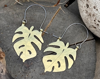 Handmade Monstera Leaf Hoop Earrings: Brass Tropical Jewelry