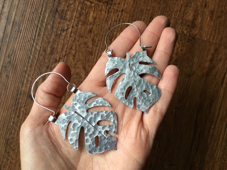 Monstera Leaf earrings, Monstera hoop earrings, tropical leaf earrings image 2