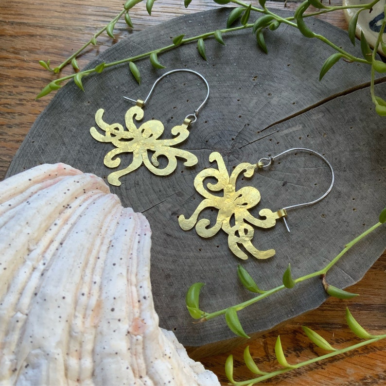 Octopus earrings, metal octopus hoop earrings, ocean jewelry image 1