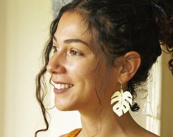 Handmade Monstera Leaf Dangle Earrings: Aluminum Tropical Jewelry