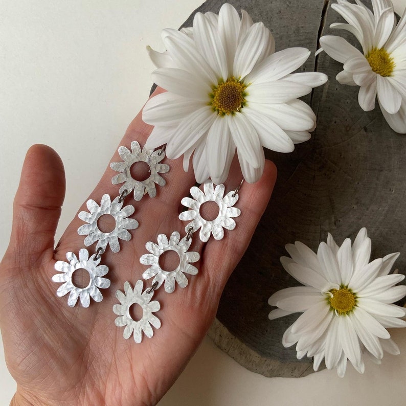 daisy earrings, flower power dangle earrings, long floral earrings Aluminum