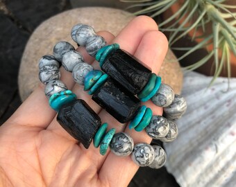 Raw black tourmaline and turquoise stretch bracelet, beaded SIZE 6.5 stretch bracelet