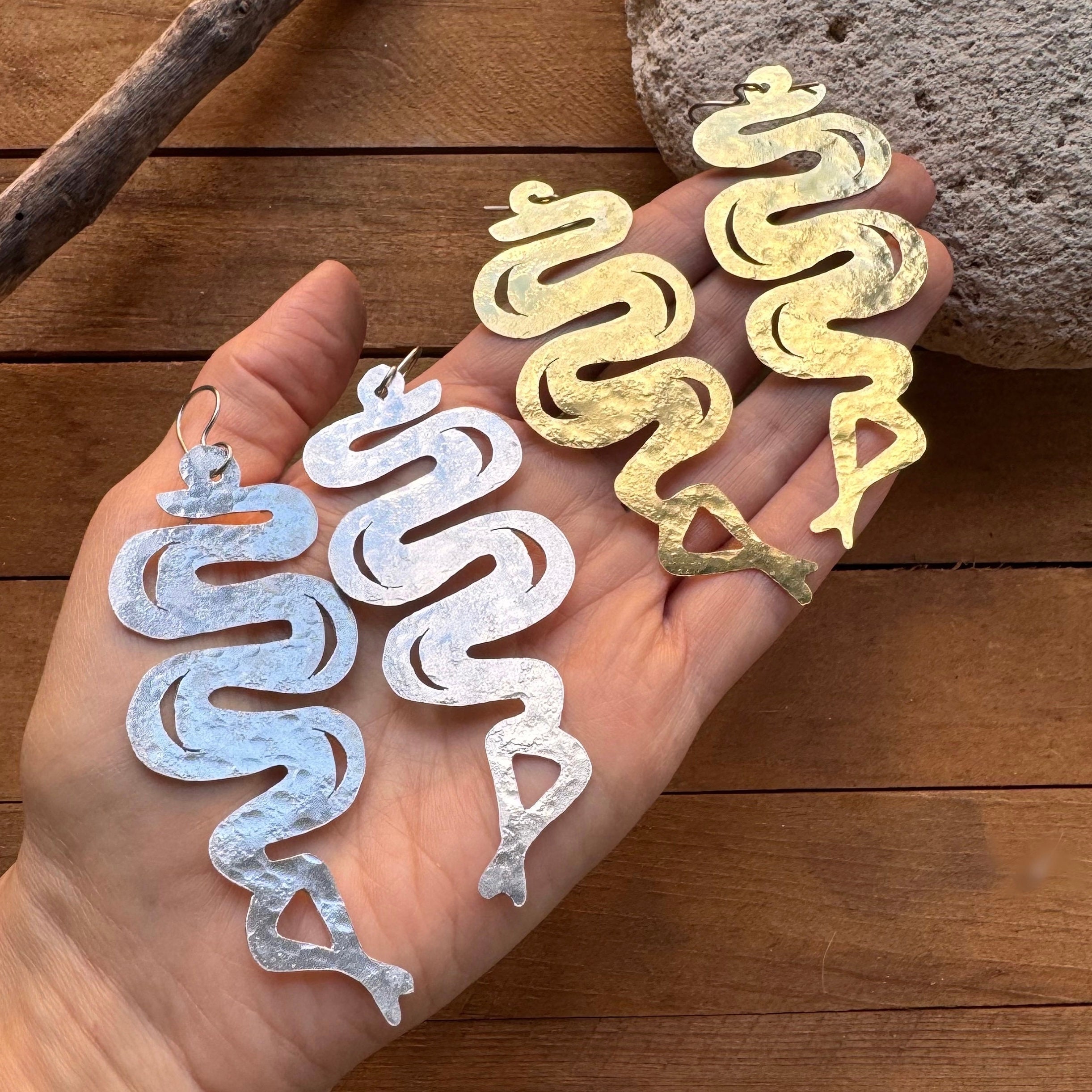 Handmade Hammered Brass Snake Dangle Earrings