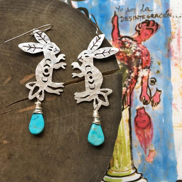 Rabbit earrings, Mexican Otomi earrings, folk art metal jewelry, Otomi moon phase rabbit earrings, moon phase earrings, lunar phase jewelry