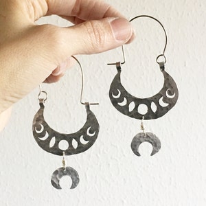 moon phase earrings, lunar phase hoop earrings, tribal moon phase earrings image 3