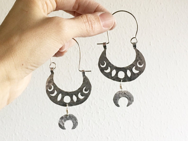 moon phase earrings, lunar phase hoop earrings, tribal moon phase earrings image 3