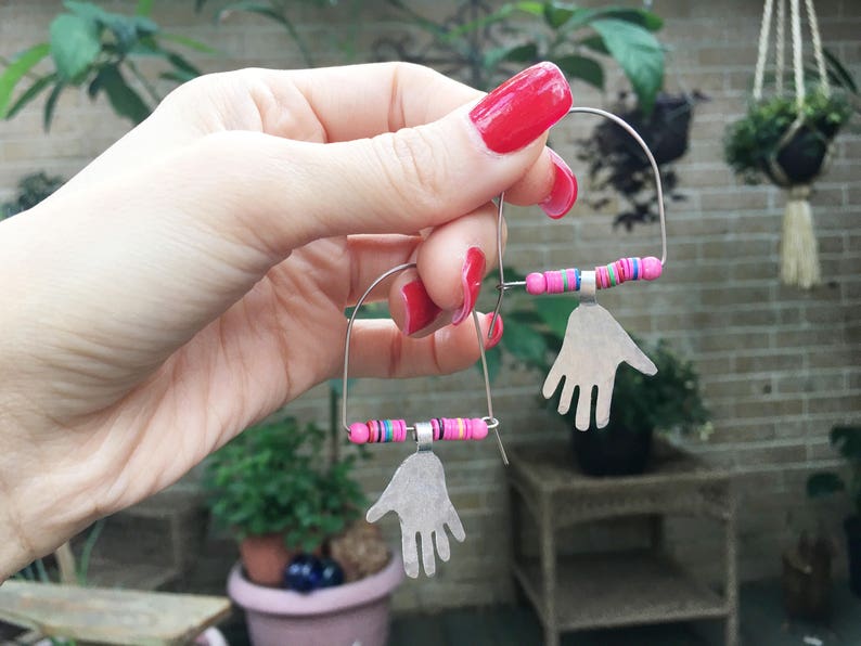 Modern hoop earrings with little hands, modern hoop earrings with pink vinyl beads image 4