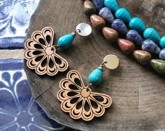 Flower earrings, Wooden flower and stone earrings , Bohemian wood earrings