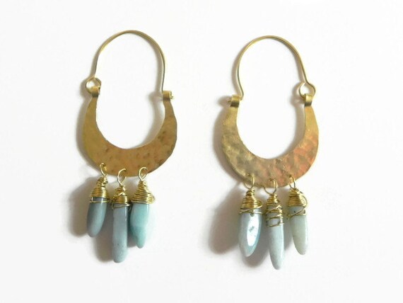 Mexican Tribal Beaded Hoop Earrings Metalwork Chandelier