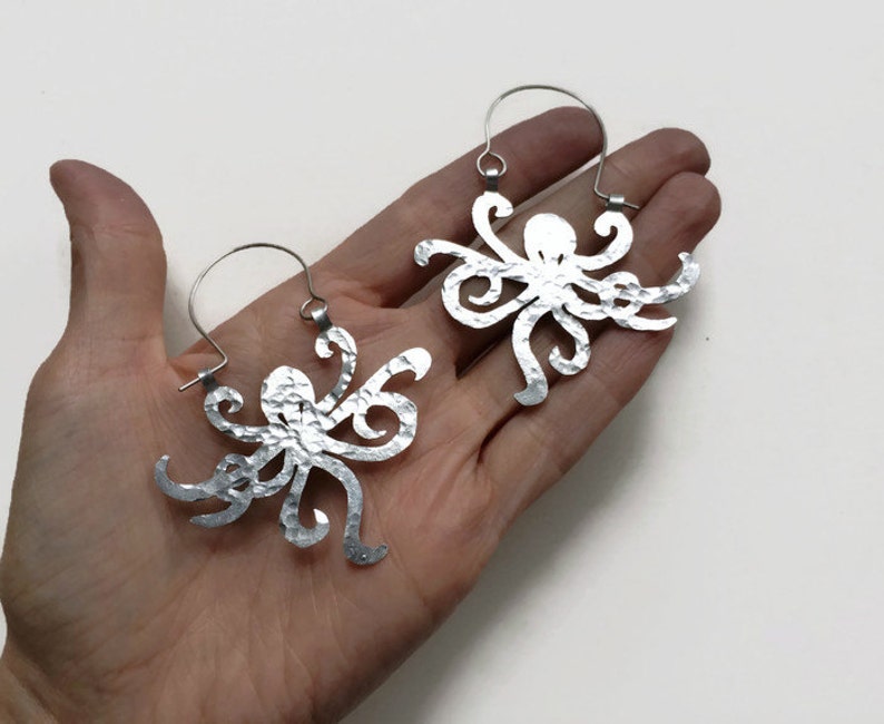 Octopus earrings, metal octopus hoop earrings, ocean jewelry image 5