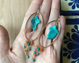 Turquoise leaf earrings, 14 k gold filled earrings