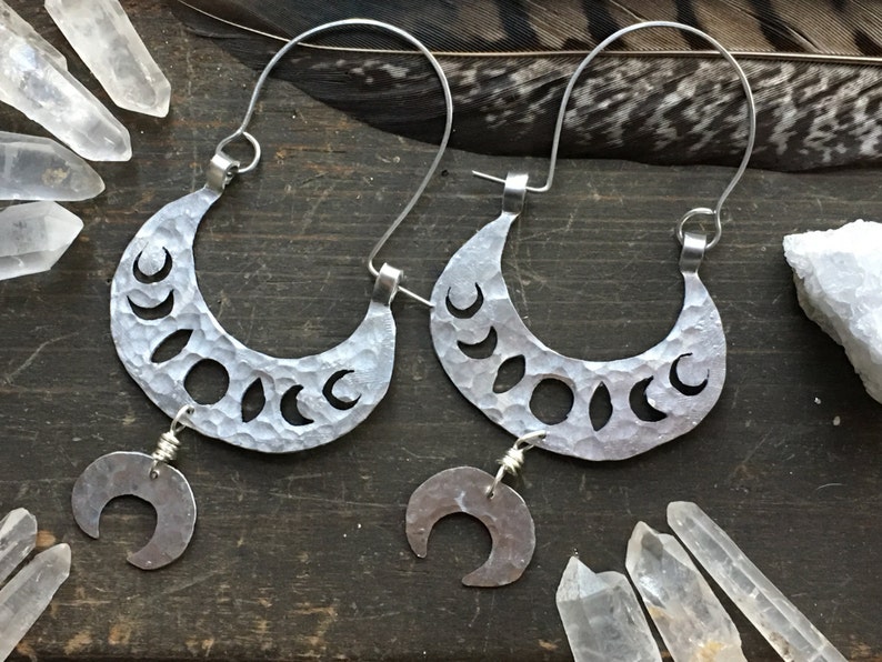 moon phase earrings, lunar phase hoop earrings, tribal moon phase earrings image 4