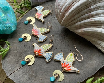 Ceramic Pajarito earrings, folksy crescent moon and ceramic bird earrings, crescent moon and turquoise earrings