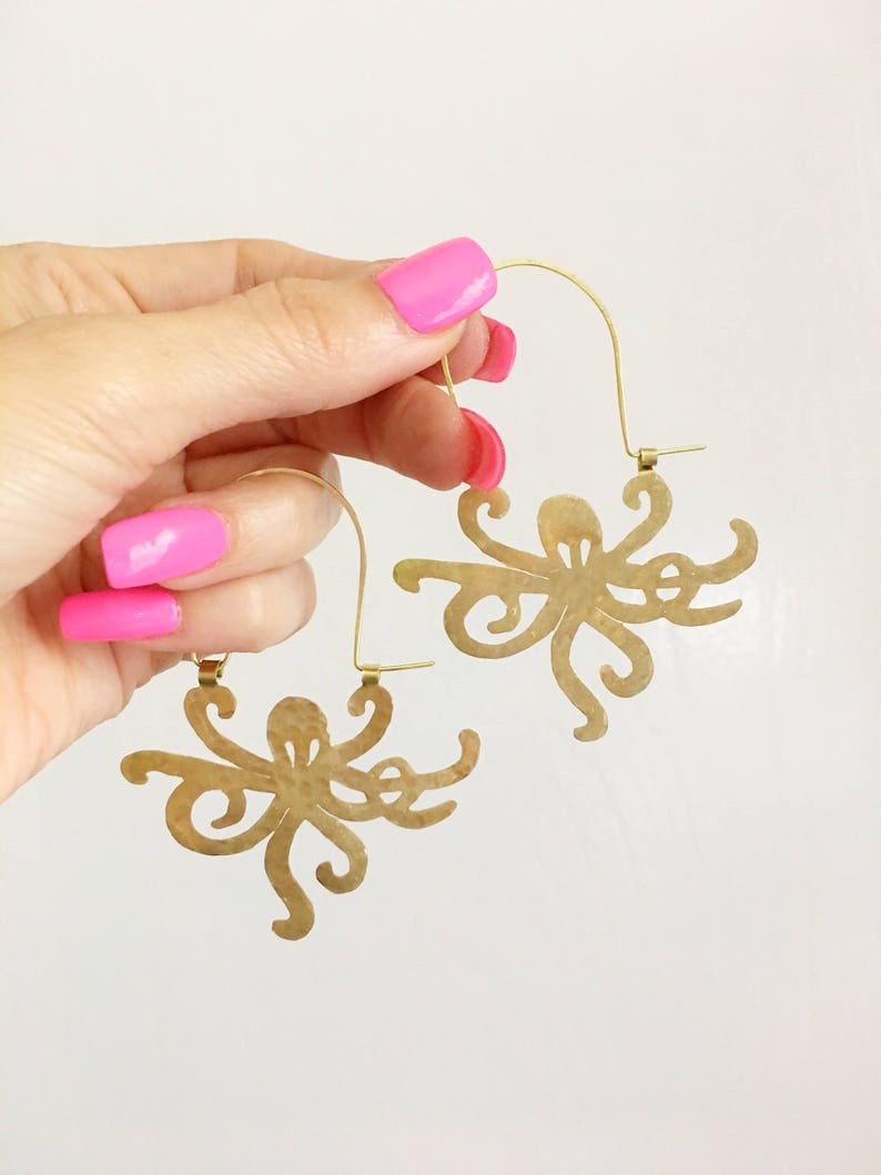 Octopus earrings, metal octopus hoop earrings, ocean jewelry image 2