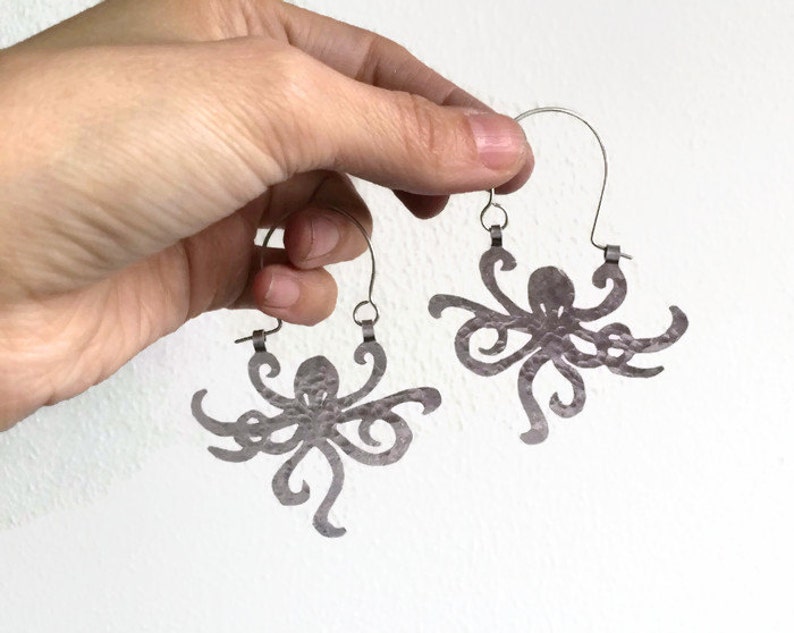 Octopus earrings, metal octopus hoop earrings, ocean jewelry image 6