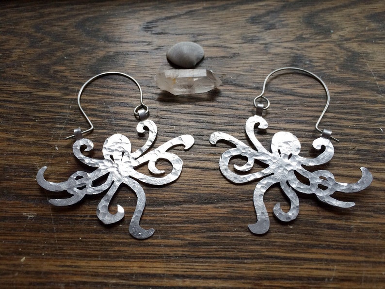 Octopus earrings, metal octopus hoop earrings, ocean jewelry image 4