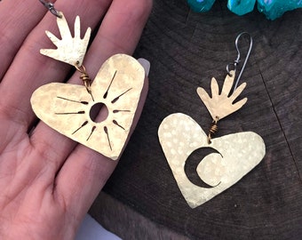 Sacred Heart Celestial Earrings: Sun and Moon, Handmade