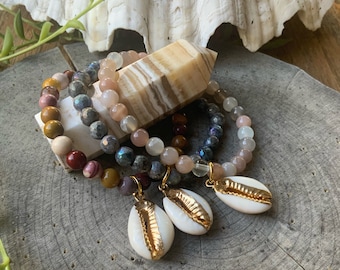 Cowrie shell and gemstone stretch bracelet, 6mm bead stacking bracelet