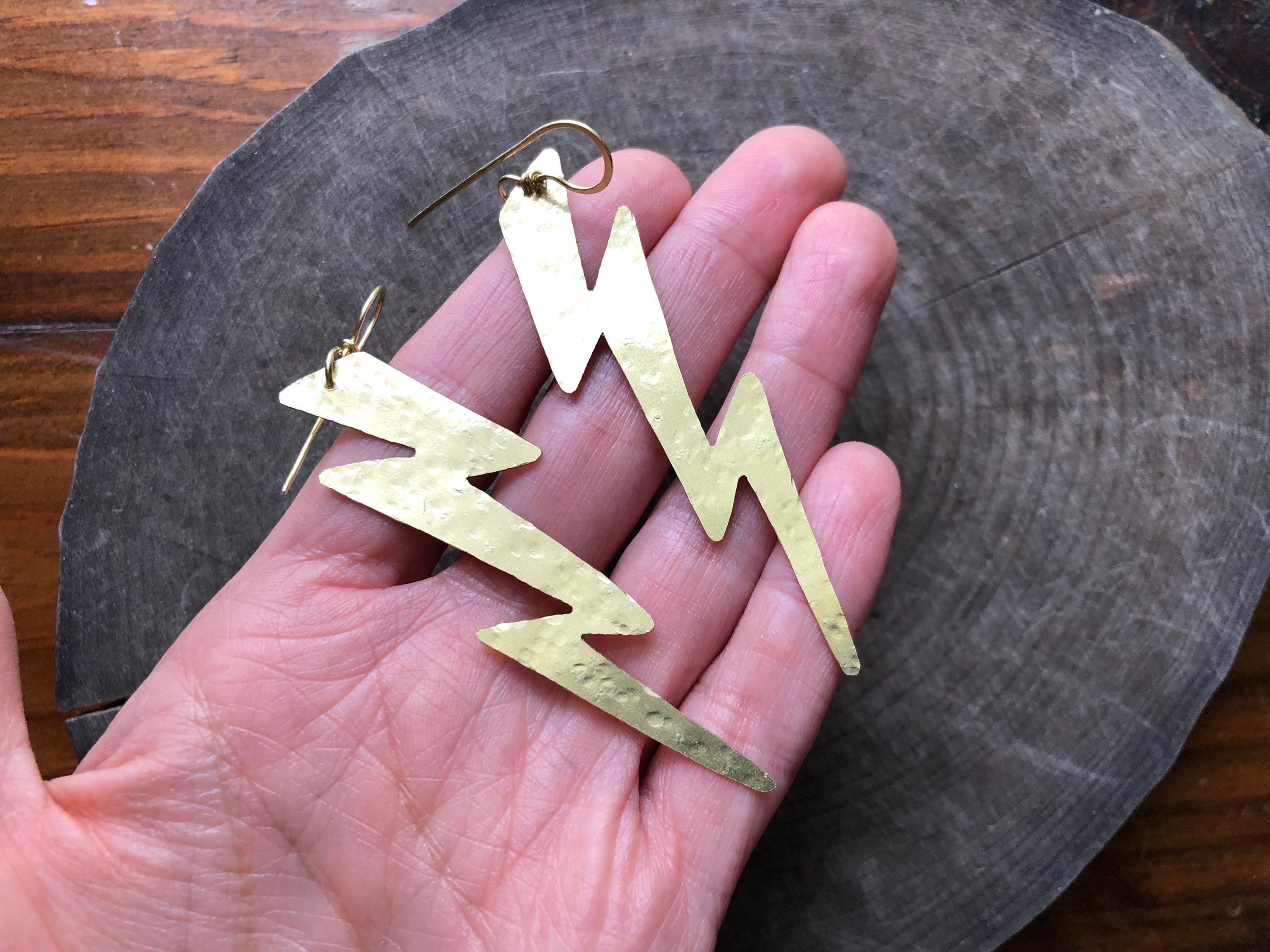 Lightning Earrings Large Lightning Bolt Earrings Hammered Etsy