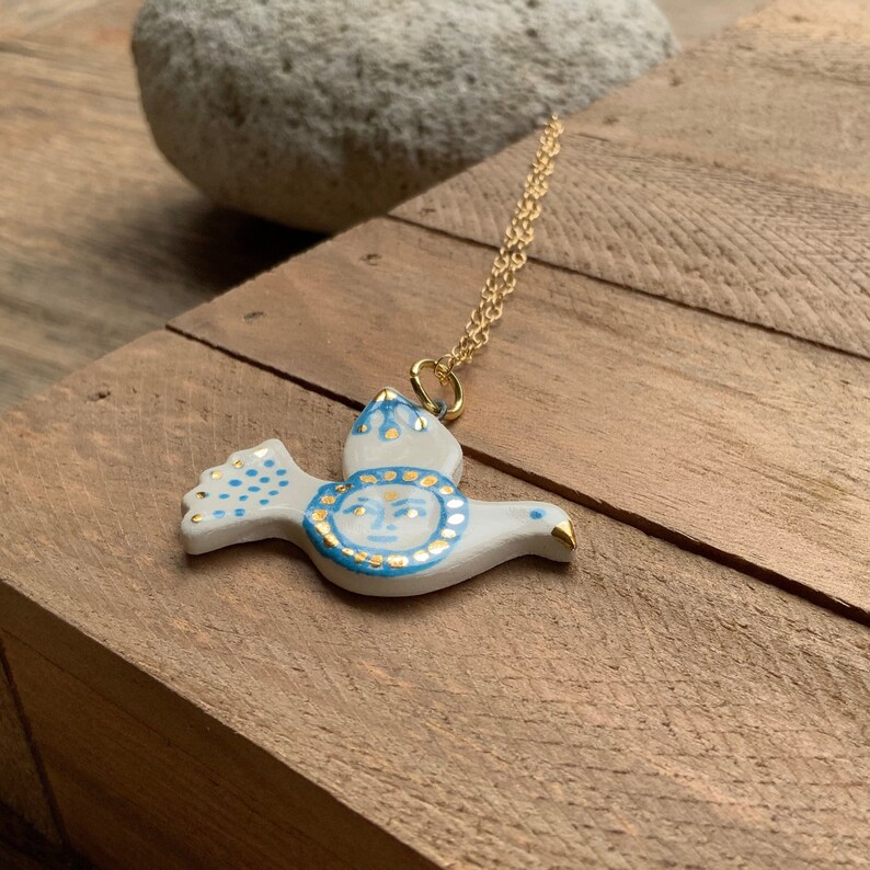 Ceramic bird pendant necklace, Ceramic Blue Lady Bird Charm Necklace image 1