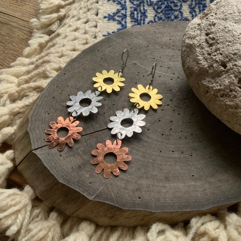 daisy earrings, flower power dangle earrings, long floral earrings image 1