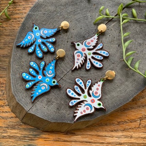 Mexican Folk art celestial Pajarito  wood dangle earrings, hand painted wooden bird earrings