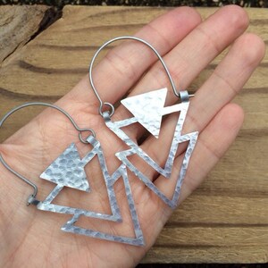 Metal Triangle hoop earrings, metalwork hoops, geometric jewelry, sculptural earrings image 4