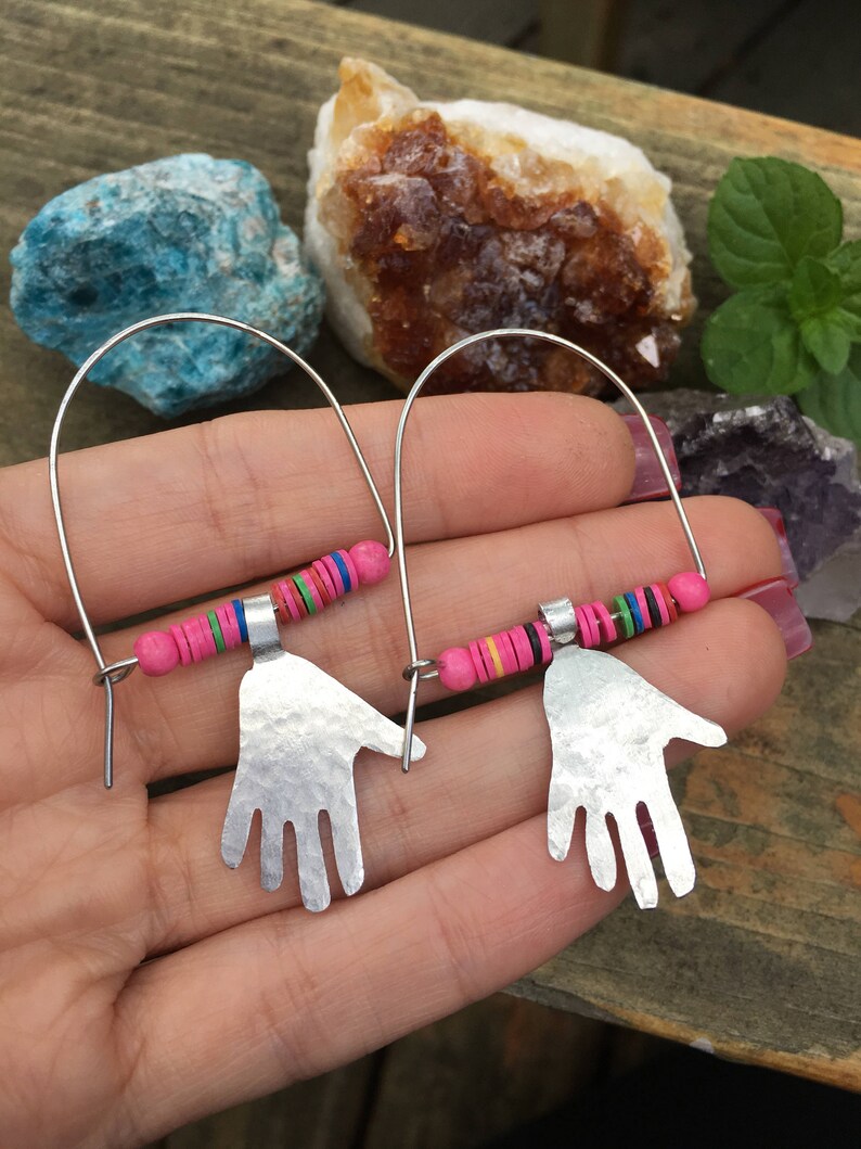 Modern hoop earrings with little hands, modern hoop earrings with pink vinyl beads image 1